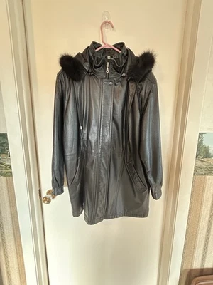 Field Gear Womens Black Leather Parka Coat Fox Tail Removable Hood Large - Imagem 1 de 4