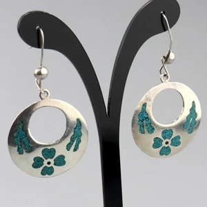 Vintage Taxco Crushed Turquoise Floral Hoop Earrings Sterling Silver Mexico - Picture 1 of 5