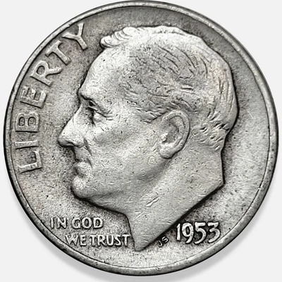 1953 年 D 版罗斯福 10c 美分 90% 银 * 原版表面 * 1953D #11 — 第 1/2 张图片