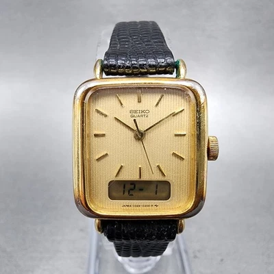 Seiko Watch Women 21mm Analog Digital Gold Tone Rectangle Champagne Dial New Bat - Image 1 of 4