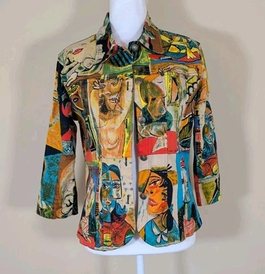 Chaqueta Artística Kaktus Mujer Mediana Mangas 3/4 Caras Elastizada Botón Delantero Boho Foto 1 de 4