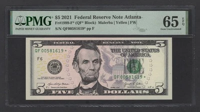 United States 5 Dollars 2021 Fr#1999-F*(QF* Block) S/N00581619* UNC Grade 65 - Image 1 of 2