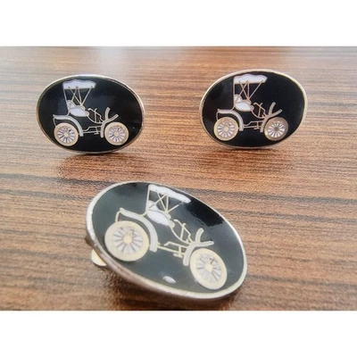 Juego de gemelos y clips de corbata Ford modelo T vintage - tono dorado - esmalte blanco y negro. Foto 1 de 4