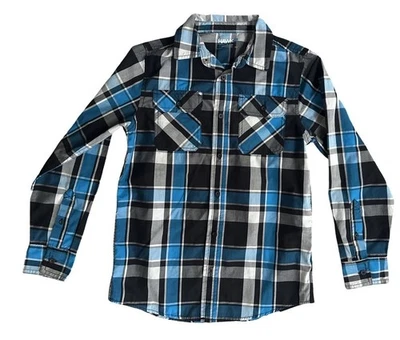 Camisa Tony Hawk Niños Talla Grande Manga Larga Botón Delantero Gris Azul Bolsillos a Cuadros Foto 1 de 3