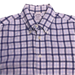Brooks Brothers 1818 Shirt M Mens S/S Button Down Irish Linen Blue Check VGUC - Picture 1 of 9