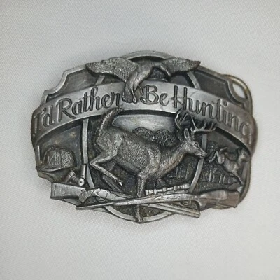 Vintage 1987 SISKIYOU "I'd Rather Be Hunting" Pewter Belt Buckle A-50 Made USA — 第 1/4 张图片