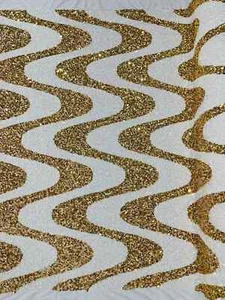 Wavy Line Velvet Sequins - White / Gold - Velvet 2 Way Stretch Fabric Yard - Picture 1 of 4