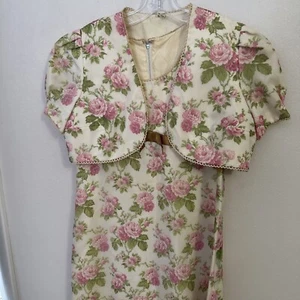 2 pezzi vintage floreale rosa anni 60/70 maxi abito donna vita alta crop jacket completamente foderato - Foto 1 di 6