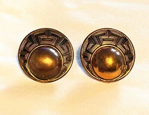 Vintage COPPER Clip On BUTTON Earrings w/ Greek Key Accents - Picture 1 of 5