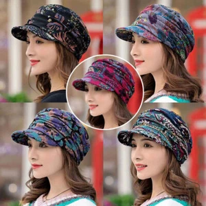 Ladies Short Brim Visor Hat Newsboy Beret Foldable Warm Casual Floral Print Caps - Picture 1 of 15