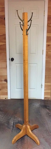 Antique Birdseye Maple Coat Stand Rack Tree with 4 Metal Hooks 64 1/2" Tall Cover