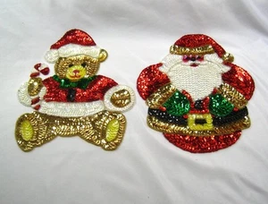 2 Vintage Weihnachten Pailletten Stoff Applikationen 9" Teddybär und 8" Weihnachtsmann - Bild 1 von 7