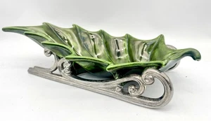 VTG Atlantic  Mold Holly Leaf Sleigh  #546 Candy Dish Green Silver MCM Christmas - Picture 1 of 11