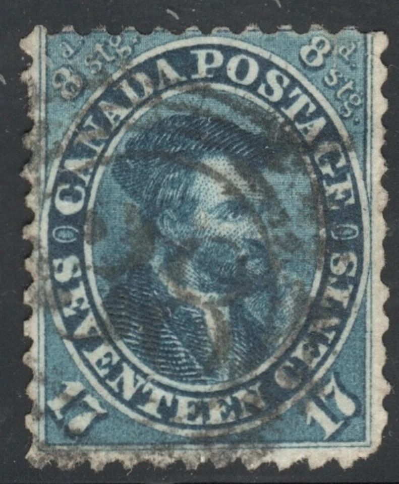 1859 UN #19 17c Blue J. Cartier W/ 4-Ring #38 RF 8 St. Catharines, Small Tear. - Image 1 of 2