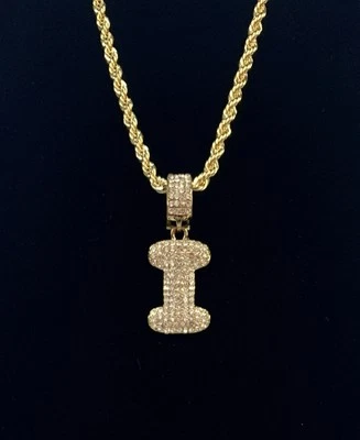 "Colgante enchapado en oro circonita helada inicial letra 'I' 1,75"" y collar de cadena de cuerda 24""" Foto 1 de 3
