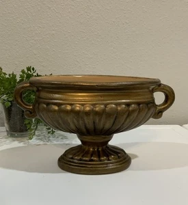 Vtg Ornate Distressed Ceramic Gold Oval Planter With Handles Pedestal Base - Picture 1 of 6