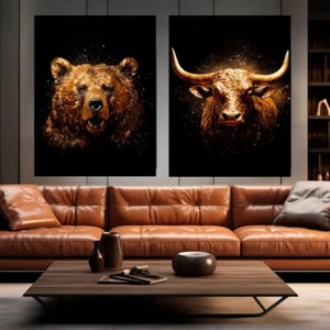 Golden Bull Bear Kunst Gemälde Druck Wandbild Deko Leinwand Poster - Bild 1 von 9