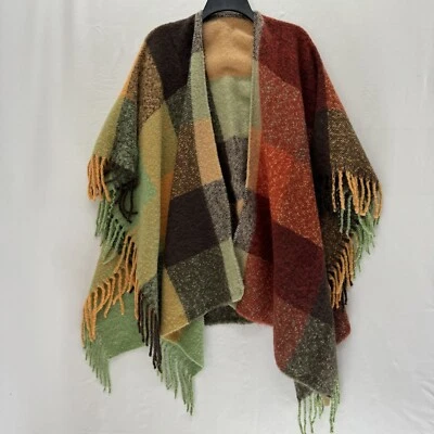 Poncho a cuadros talla única con flecos de 4 pulgadas de gran tamaño multicolor envolvente acogedor chal Foto 1 de 4