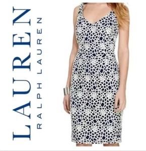 Lauren Ralph Lauren Navy/White Crochet Lace Overlay Sleeveless Sheath Dress Sz10 - Picture 1 of 14