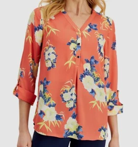 $49 Jm Collection Women Pink Printed Roll-Tab Sleeve Top Petite Size PP - Picture 1 of 2