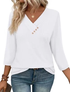 V Neck Blouse for Women Dressy Casual 3/4 Sleeve Button Down Work Top - Picture 1 of 21