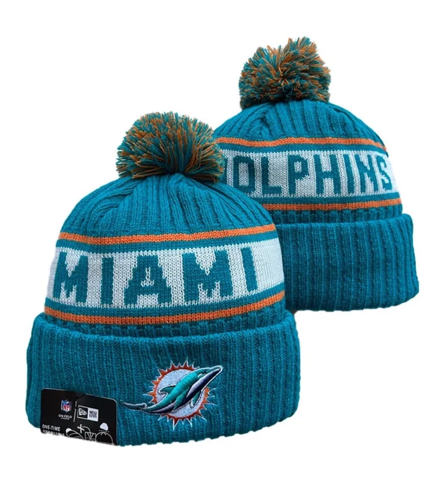 Gorro Miami Dolphins Sombreros Puff Invierno Tejido Sombrero Gorra Tobogán EE. UU. Gorras Laterales Foto 1 de 1
