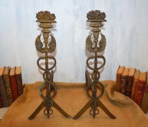 Antique Pair Caduceus Andirons Fireplace Accessory Medical Symbol Snakes Wings - Picture 1 of 10