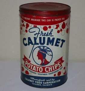 Vintage Calumet Potato Chips Tin Litho Can Native American Indian Red White Blue - Picture 1 of 19