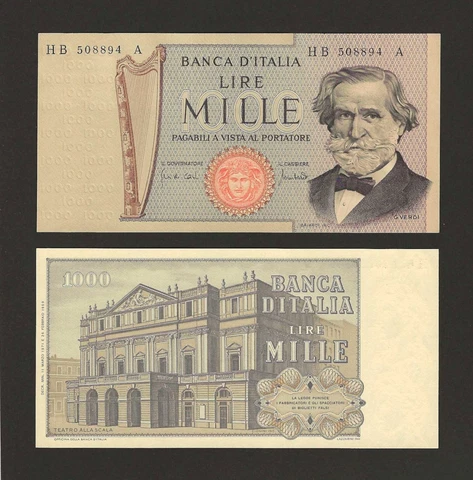 ITALY 1000 Lire 1971, Banca D'Italia, P-101b, Pack Fresh Original UNC. G. Verdi Cover