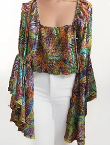 Live 4 Truth Boho Bell Sleeve Crop Blouse Colorful L Balloon Sleeves Hippy - Picture 1 of 12