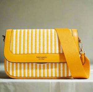 Kate Spade Buddie Stripe Crossbody Clutch Yellow Leather Shoulder Bag ORIG PKG - Picture 1 of 12