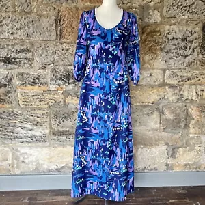 Vintage Psychedelic Print Maxi Dress 10 Handmade Sleeve Boho Blue Purple 70s 60s - Picture 1 of 17