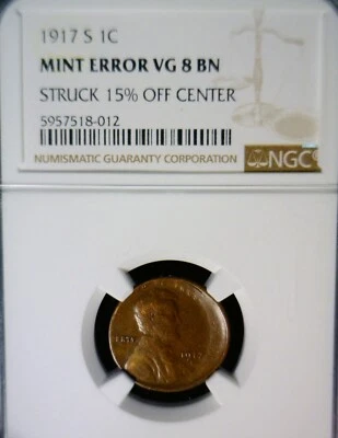1917s ERROR NGC VG8 OFF CENTER Lincoln Wheat Cent Coin NICE Very Good O/C  NR - Image 1 of 4
