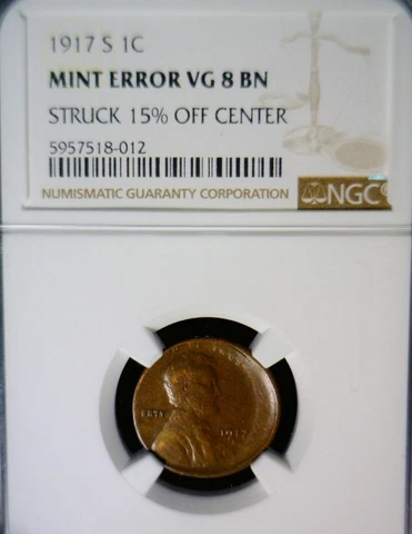 1917s ERROR NGC VG8 OFF CENTER Lincoln Wheat Cent Coin NICE Very Good O/C  NR Cover