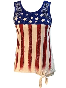 JUSTICE Red White & Blue Stars & Stripes Embellished Top Girls Size 14 - Picture 1 of 14