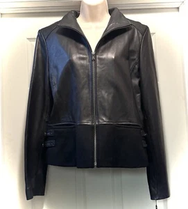 New KENNETH COLE REACTION Black Lamb Leather Moto Jacket Stretch Waist Women’s L - Picture 1 of 10