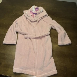 EUC Gap Kids Girls Bath Robe Pink Fleece Hooded Unicorn Silver Horn Ears Size 8 - Picture 1 of 5