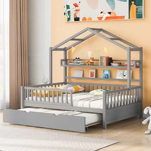 Wooden Full Size House Bed with Twin Size Trundle,Kids Bed with Shelf, Gray - Picture 1 of 12