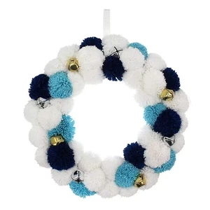 Hanukkah Wreath Pom Pom Jingle Bells Blue White 16X16 NEW - Picture 1 of 7