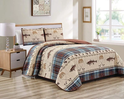 River Fly Fishing Themed Rustic Cabin Lodge Quilt Stitched Bedspread Bedding Set - Image 1 of 4