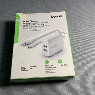 Belkin WCE001dq1MWH BoostCharge Dual USB-A Wall Charger 24W w/ Cable OPEN BOX - Image 1 of 3