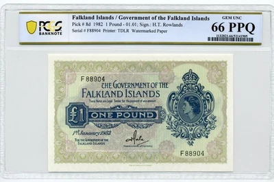 1982 £1 Falkland Islands, Pick 8d - PCGS GEM UNC 66 PPQ, Solo Finest Graded - Image 1 of 2