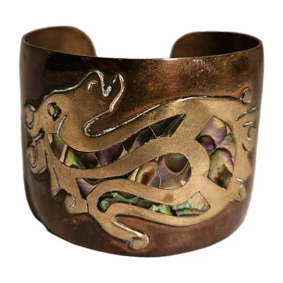 Vintage Mexico Aztec Mayan Copper Brass Abalone Inlaid Seahorse Cuff Bracelet 6" - Image 1 of 4