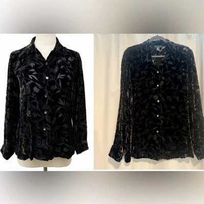 Camisa Sigrid Olsen Terciopelo Burnout Botón Mujer XL Negra Transparente Oscura Floral Seda Foto 1 de 4