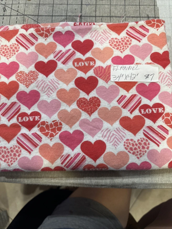 Nursery Flannel 34” 42” White With Pink And Red Hearts. - Image 1 of 1