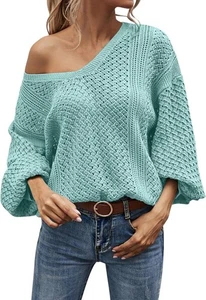 Womens V Neck Long Sleeve Sweater Casual Crochet Hollow Out Knit Tops Pullover - Picture 1 of 6