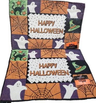 Set of 2 Similar Tapestry Kitchen Placemats(13"x19")HAPPY HALLOWEEN PATCHWORK,HC - Image 1 of 4