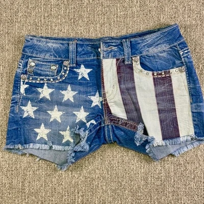 Miss Me American Flag Patchwork Rhinestone Denim Shorts Size 27 Small Distressed - Image 1 of 4