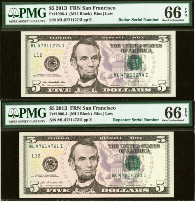 2013 $5 Federal Reserve Note PMG 66EPQ - Radar / Repeater - 47211274 - 47214721 - Image 1 of 4