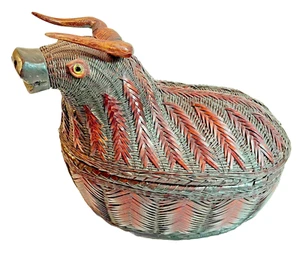 VTG Wicker Bull Basket Shanghai Chinese Box Figurine 9” Boho MCM Bamboo - Picture 1 of 12